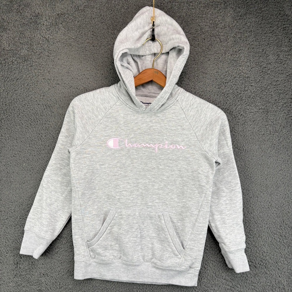 Champion Kids Gray Pink Logo Pullover Hoodie Sweatshirt Size Medium M Raglan